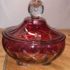 Cranberry glass divided candy dish w/lid